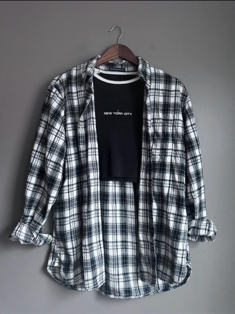 Brandy Melville Shirt Bundle Small Oversized Flannel & NYC Baby Tee